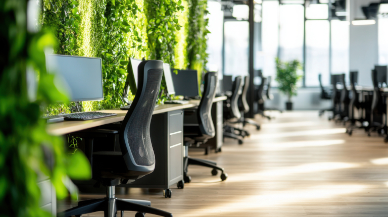 Salle de back office avec des fauteuils vides et des écrans éteints